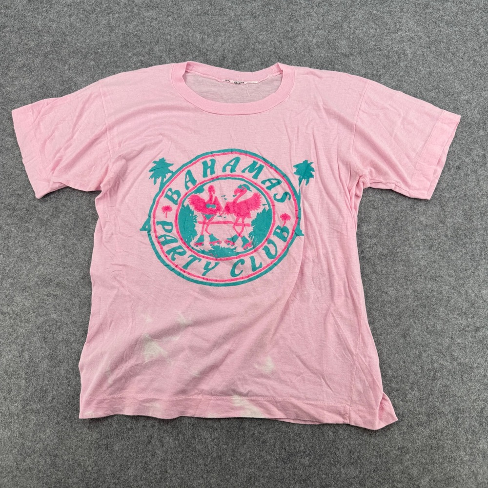 Vintage Bahamas Party Club Pink Graphic T-Shirt Flamingo Roller Skates Teal 323